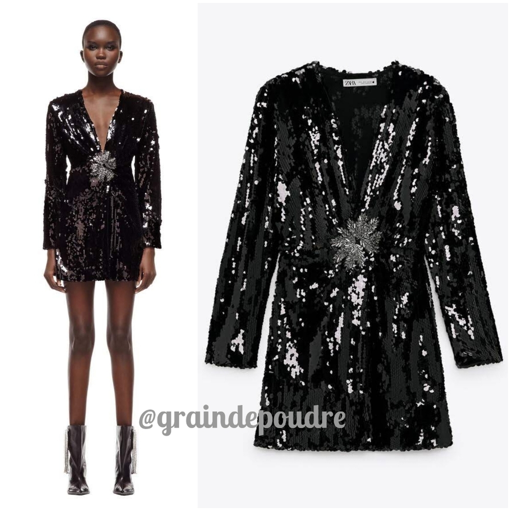 Rare! Zara Blogger Black Sequin Jeweled Flower Deep V Mini Dress XS